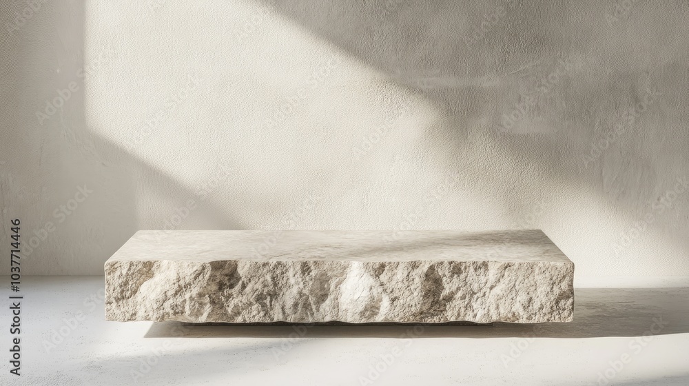 Poster rough stone slab podium on a white concrete floor featuring textured blocks for object display in a 