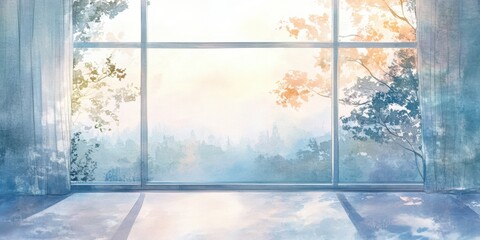 Window view of trees, watercolor painting.