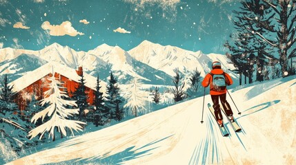 Charming winter scene inviting fun in fresh deep powder snow for skiing