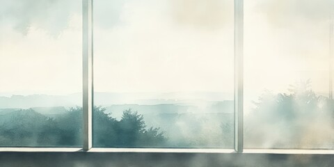Foggy window view of distant trees.