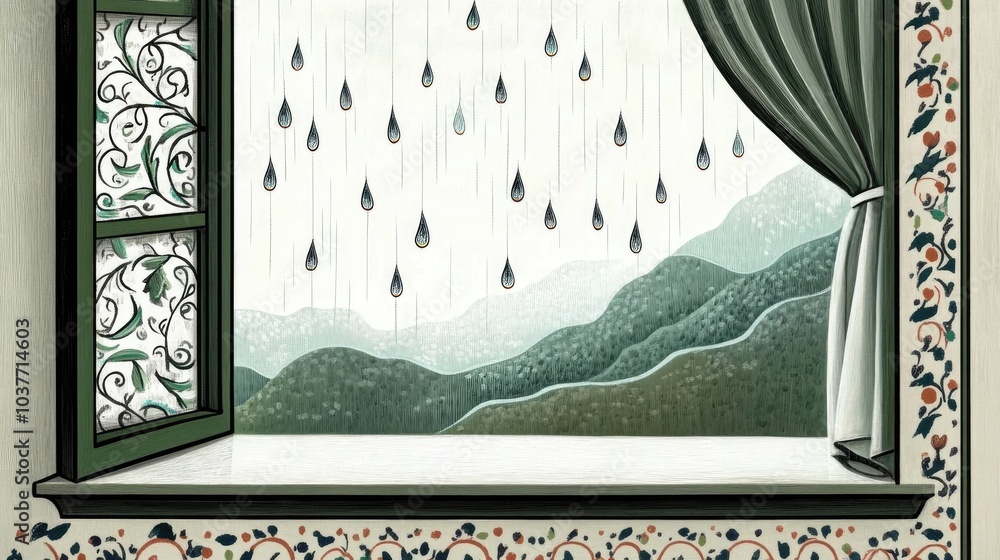 Aufkleber front view of window sill with falling raindrops