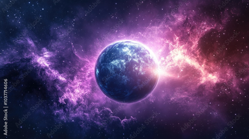 Poster grey planet in cosmic setting with dynamic beams against a dark background featuring a purple nebula