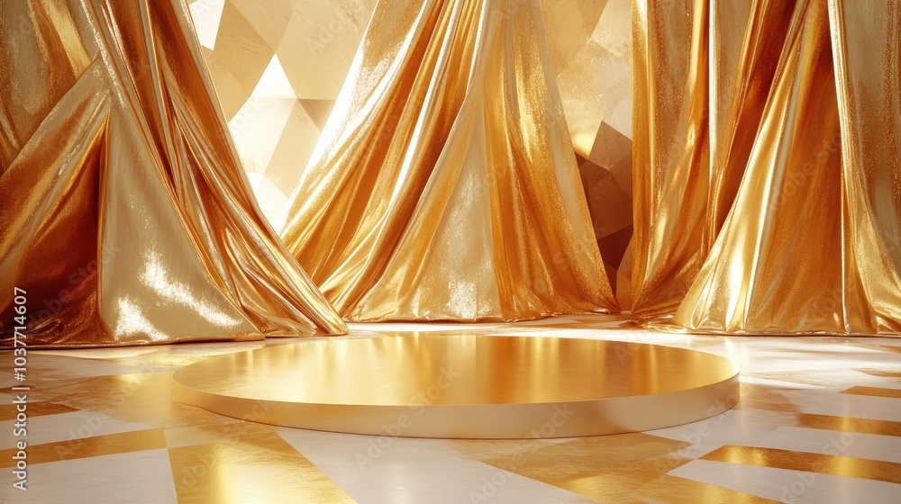 Poster display of a fluttering gold fabric in a 3d background featuring geometric shapes a pedestal on a fl