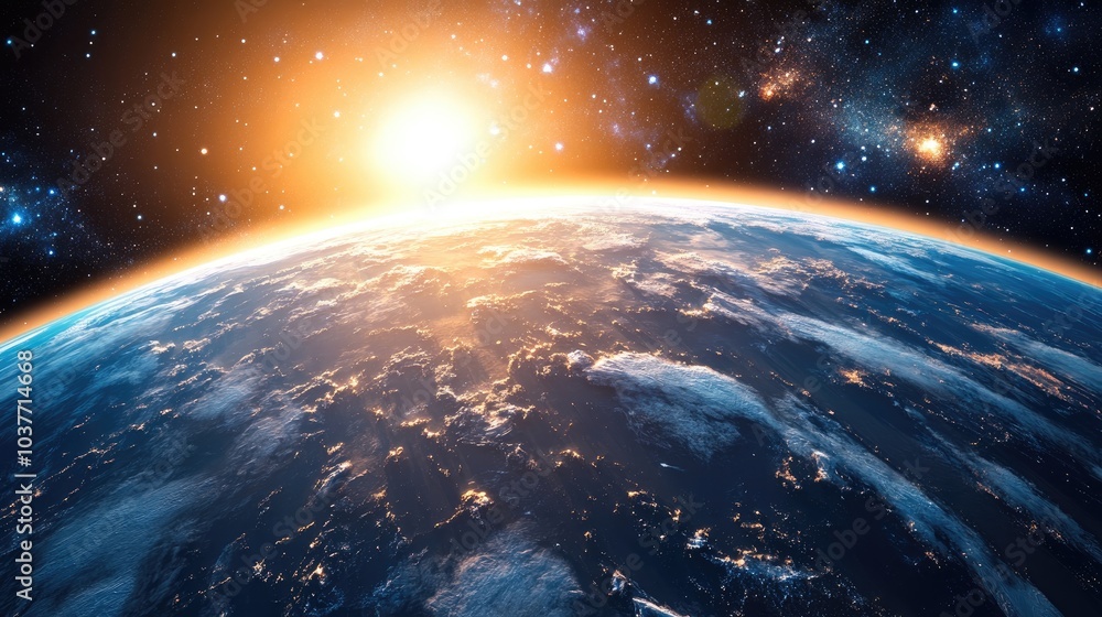 Poster 3d cartoon rendering showcasing a view of earth from a space orbit in a cosmic setting