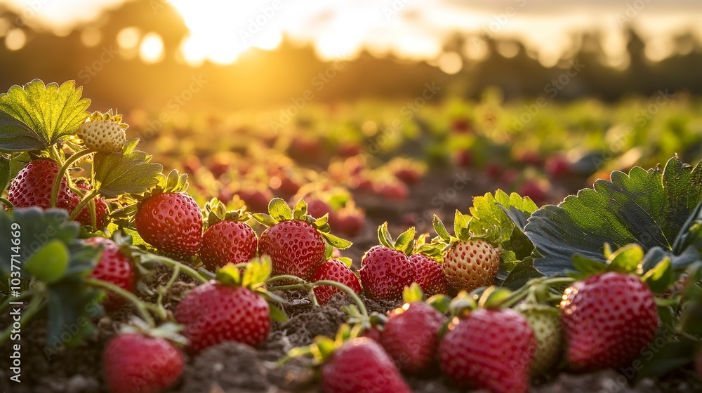 Poster A peaceful strawberry garden at sunset, golden light streaming over the plants, wide-angle shot capturing rows of strawberry bushes with ripe fruit scattered on the ground 