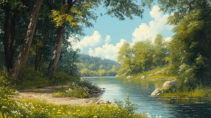 Fototapeta premium Oil painting depicting a scene of a river creek on a bright summer day