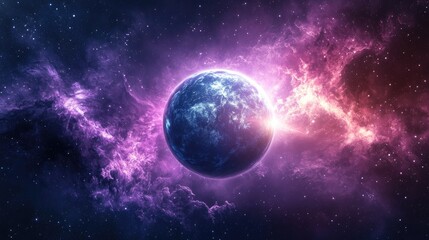 Fototapeta premium Grey planet in cosmic setting with dynamic beams against a dark background featuring a purple nebula creating a fantastical 3D illustration reminiscent of comic book galaxy art