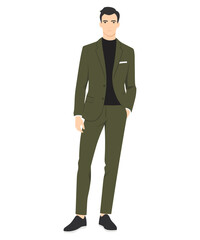 Vector illustration of a man in a dark green suit with a black shirt underneath. Formal and elegant style