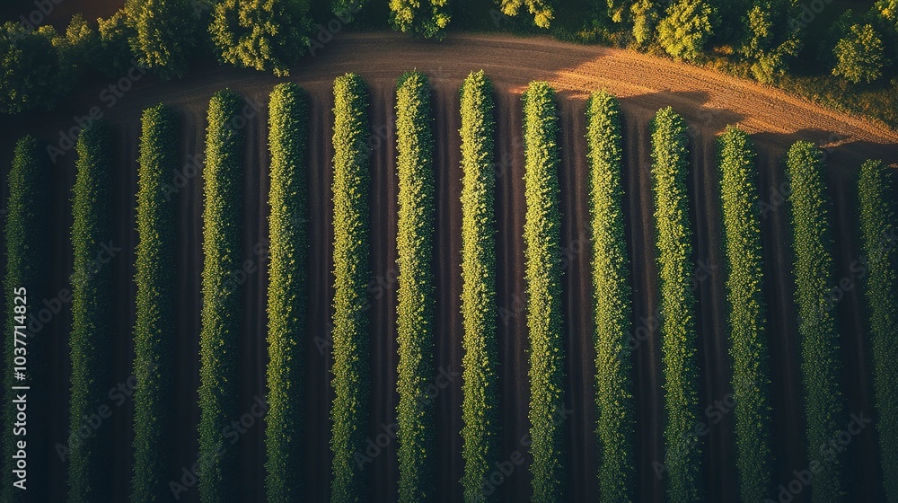 Poster top-down view of a strawberry field, rows of plants casting soft shadows across the earth, warm afte