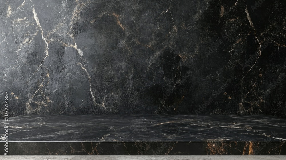 Aufkleber 3d rendering of an empty black marble top surface against a dark wall background with natural lighti