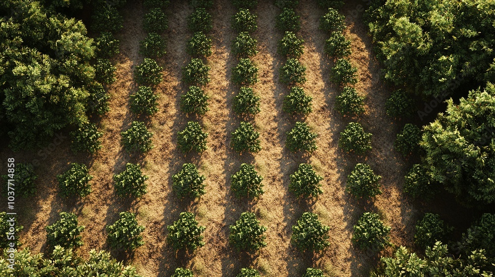Poster top-down view of a strawberry field, rows of plants casting soft shadows across the earth, warm afte