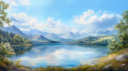 Fototapeta premium Oil painting depicting a panoramic view of a serene lake surrounded by mountains under a clear summer sky showcasing vibrant summer landscapes