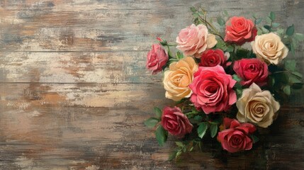 Oil painting of a stunning rose flower bouquet set against a wooden background ideal for celebrations such as Mother s Day Valentine s Day and weddings