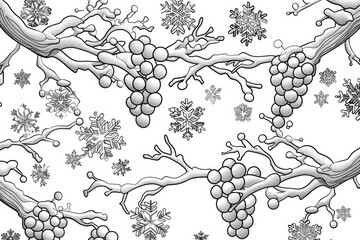 Coloring book illustration of snow covered tree branches The branches of grapevines are adorned with snowflakes capturing the essence of a winter day