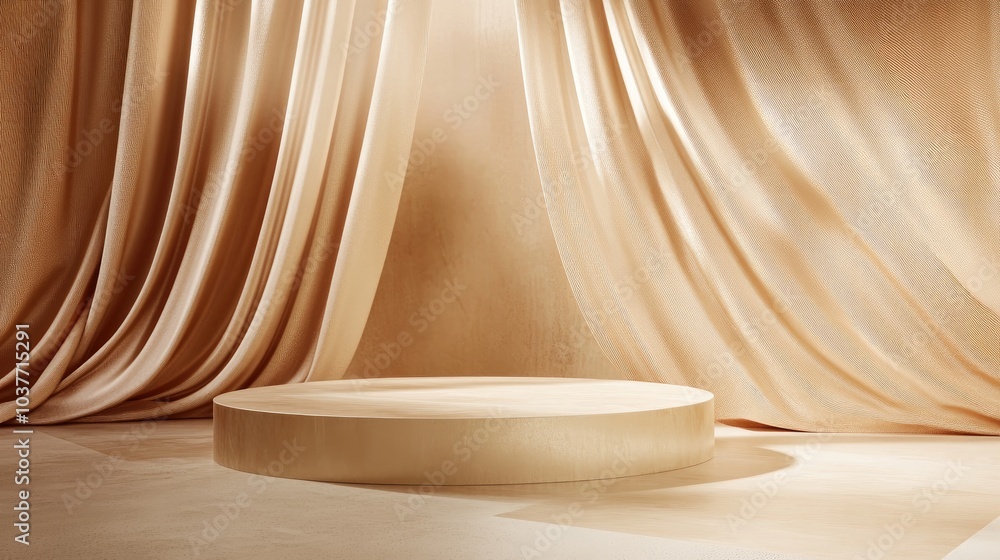 Poster gold colored display fabric fluttering in a 3d background featuring geometric shapes and a pedestal 