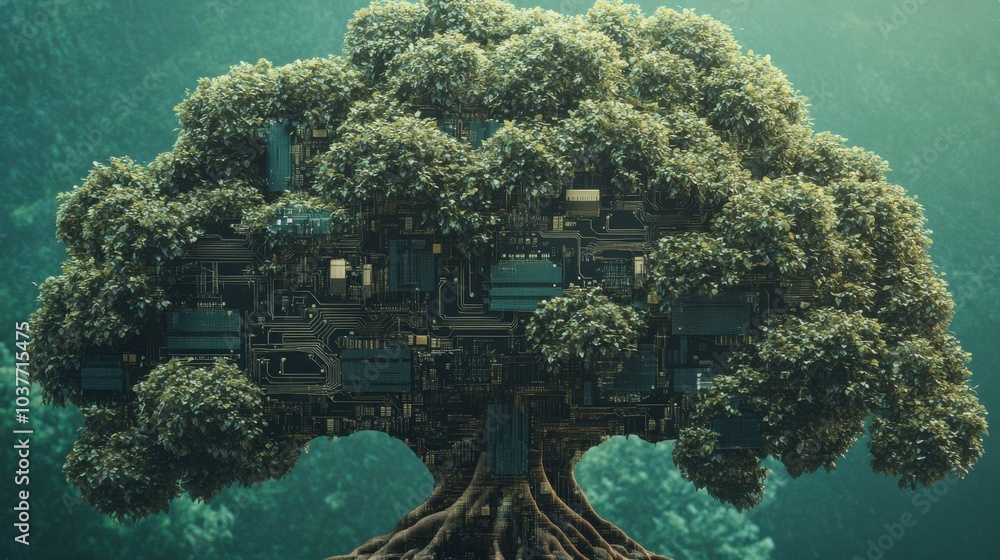 Poster seamless fusion of tree and circuit board elements