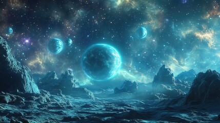 Fototapeta premium 3D illustration of a beautiful cosmic scene featuring planets rendered in high quality digital space art at 5K resolution