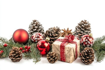 Elegant Christmas Scene with Classic Decorations, Gifts, and Pine Cones Against a White Background