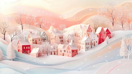 Serene Winter Village in Papercut Style