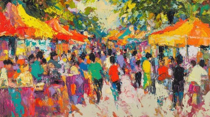 Obraz premium Colorful painting of a bustling marketplace.