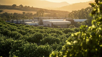Fototapeta premium Wide-angle shot of a fruit processing plant surrounded by a lush orchard, blending nature with industry, sunlight filtering through the trees, with the factory clean