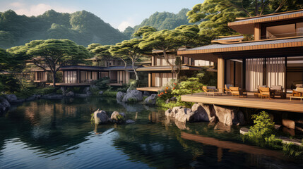 Obraz premium 3D render, Exterior design concept, Japanese Resort by the Natural background