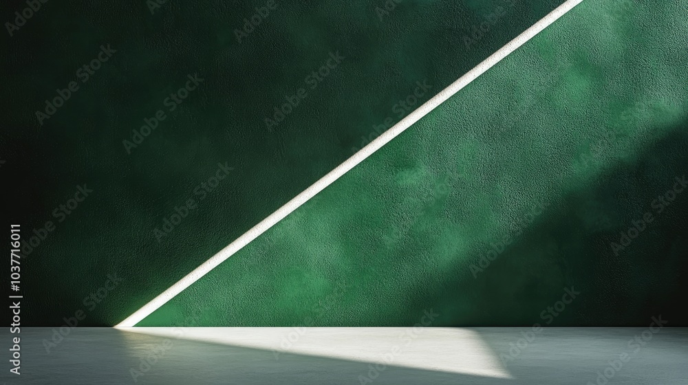 Poster corner of a paperboard against a green wall illuminated by a diagonal light stripe digital rendering