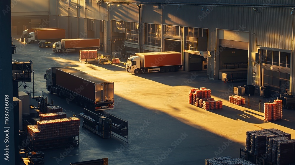 Poster a sleek meat processing factory at dusk, artificial light casting long shadows across the loading do