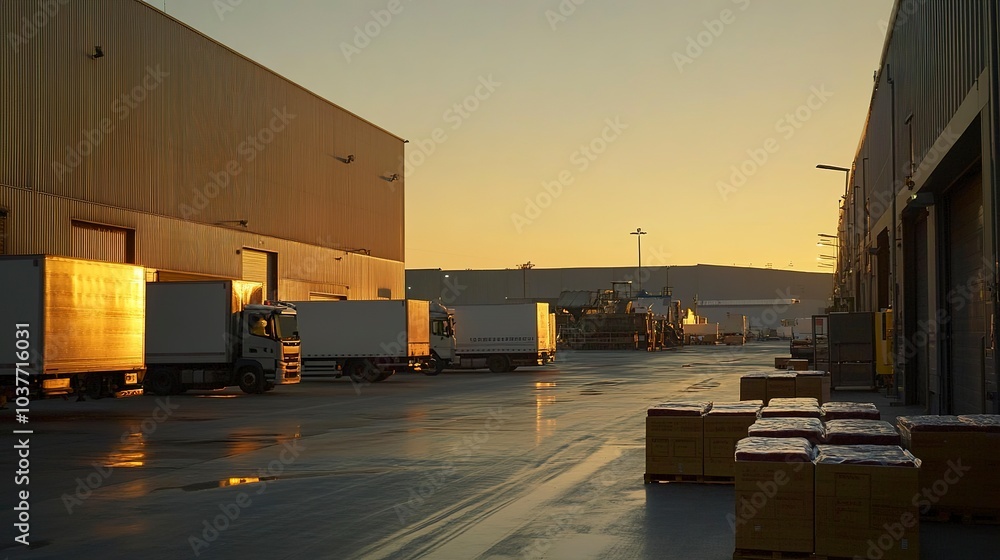 Poster a sleek meat processing factory at dusk, artificial light casting long shadows across the loading do