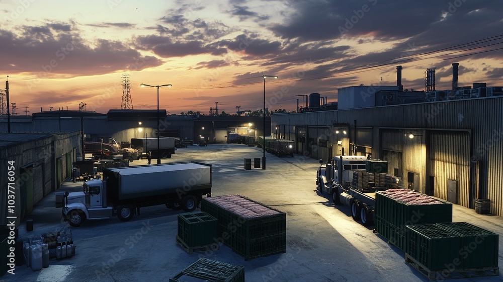 Poster a sleek meat processing factory at dusk, artificial light casting long shadows across the loading do