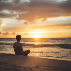 Fototapeta premium A person sits peacefully on a beach, gazing at the serene ocean as the sun sets, embodying tranquility and reflection.