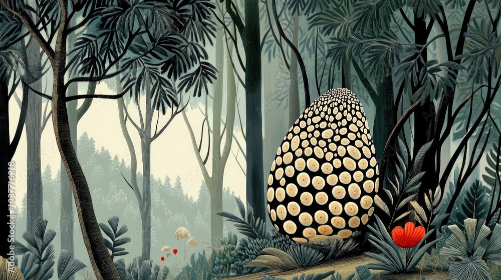Poster isolated pine cone nestled in a forest setting