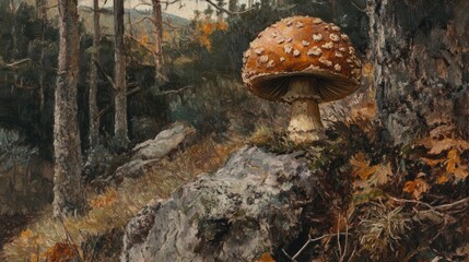 Fototapeta premium Oil painting depicting a brown mushroom in a forest setting featuring a vibrant natural backdrop and exceptional quality