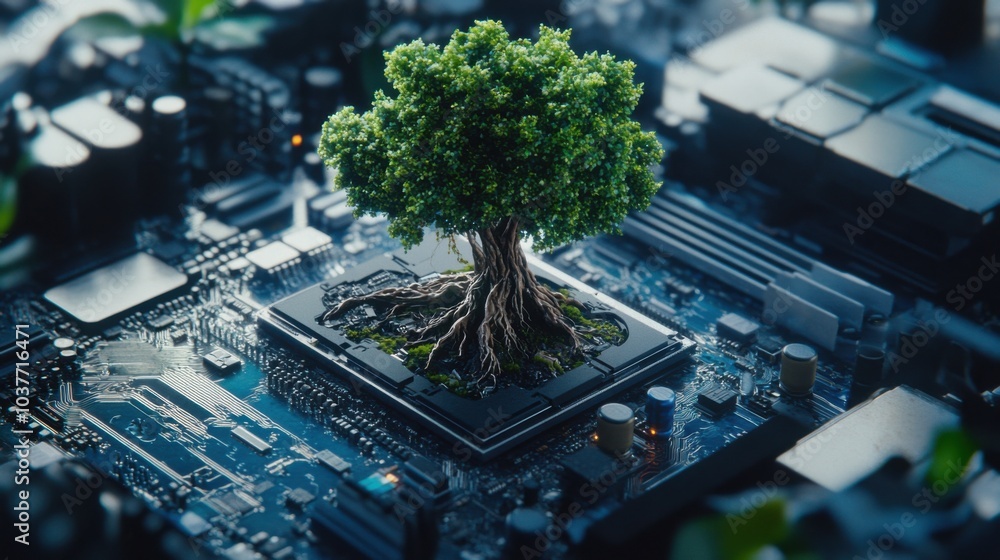 Poster tree emerging from motherboard in futuristic setting