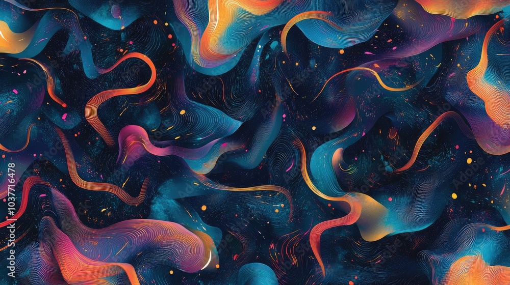 Poster elegant dark blue wallpaper featuring flashes of light and intertwining wavy lines set against a bac