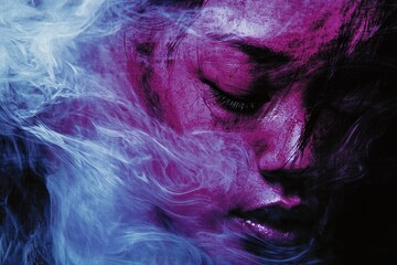Close-up of a woman's face obscured by smoke and painted in purple hues