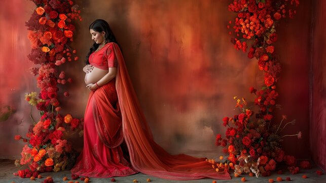 Indian pregnant woman in traditional dress stands against vibrant floral backdrop, maternity portrait