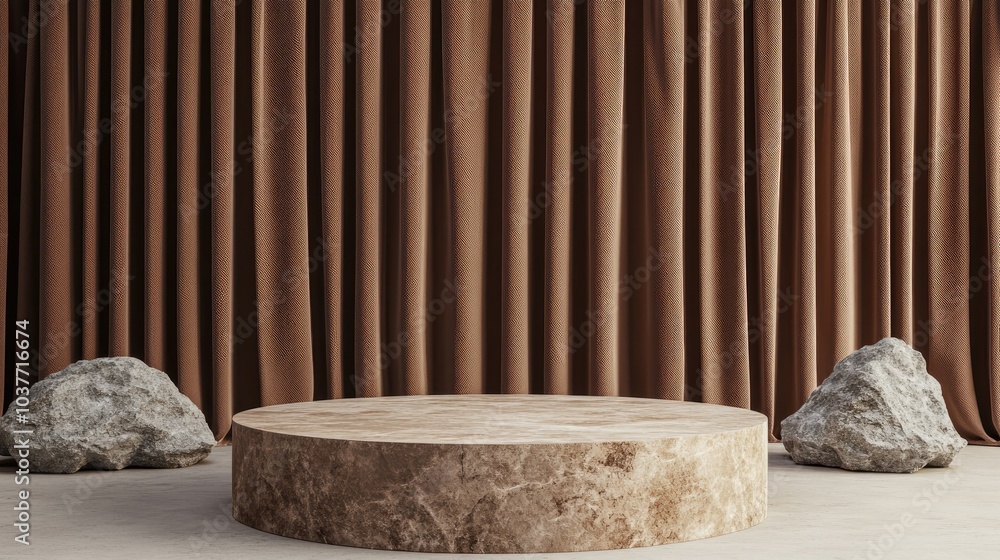 Poster display podium stand for stone products with a brown curtain backdrop 3d rendering