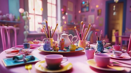 A Whimsical Tea Party Where the Table is Filled with Colorful Delicacies and Playful Decorations, Set in a Dreamy Garden Setting
