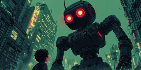 Fototapeta premium Giant robot looms over small boy in city.