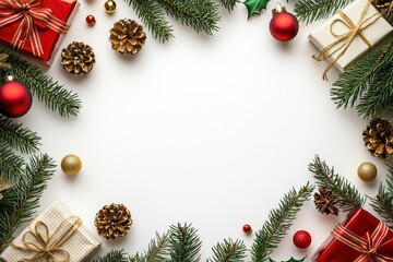 Elegant Classic Christmas Frame of Decorations, Gifts, and Fir Twigs on White for Copy Space