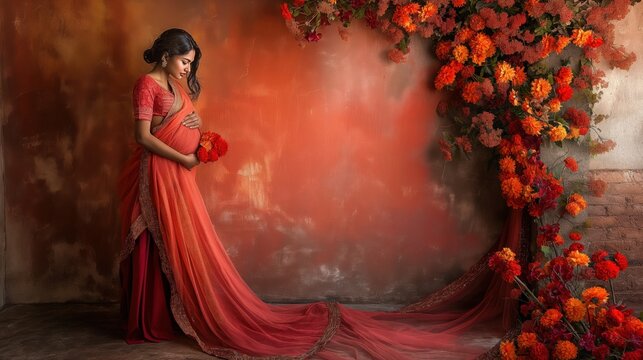 Indian pregnant woman in traditional dress stands against vibrant floral backdrop, maternity portrait