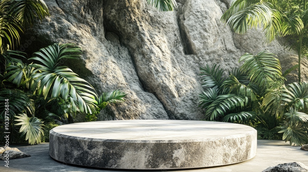 Poster empty stone podium on a natural background for luxury product display 3d rendering