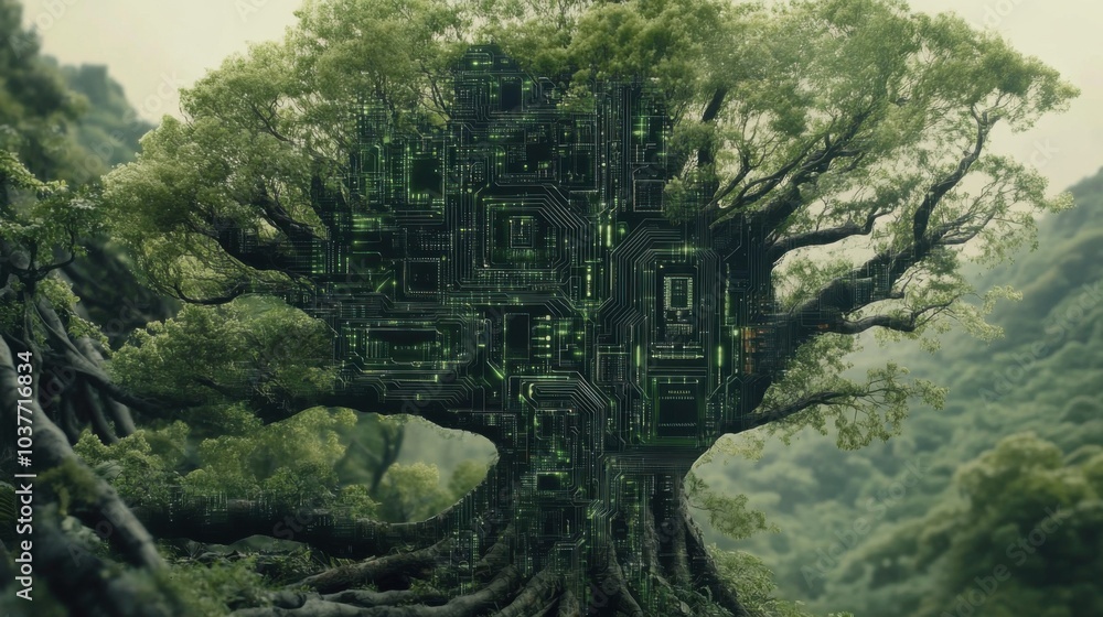 Poster tree transforming into circuit board artwork