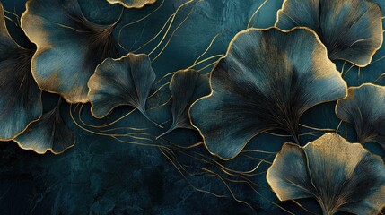 Obraz premium Luxury gold Ginkgo Biloba leaf painting featuring a black and golden design complemented by dark blue and green hues and shimmering golden line textures Modern mural wallpaper art
