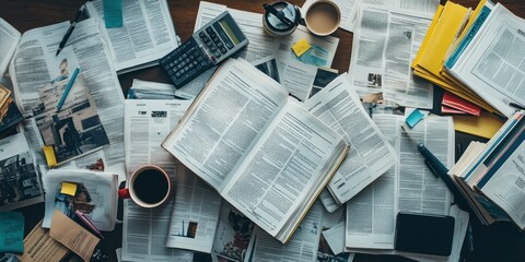 Cluttered desk with books, papers, and coffee.