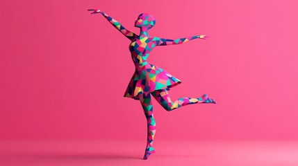 Obraz premium Colorful abstract figure dancing joyfully against a vibrant pink background, showcasing modern artistic expression and creativity.