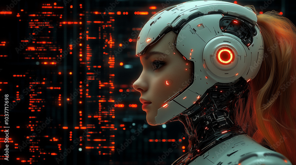Poster a futuristic humanoid robot with artificial intelligence, sleek design and illuminated facial featur