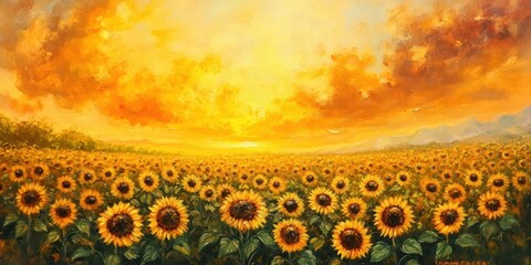 Fototapeta premium Sunflowers in a field at sunset.