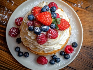 festive cake topped with fresh berries and whipped cream, beautifully decorated with strawberries, raspberries, and blueberries